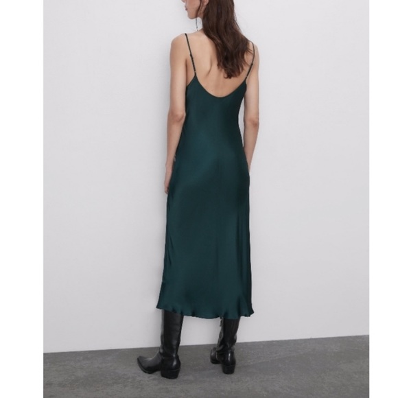 Zara satin effects slip dress dark green NWT - Picture 4 of 5